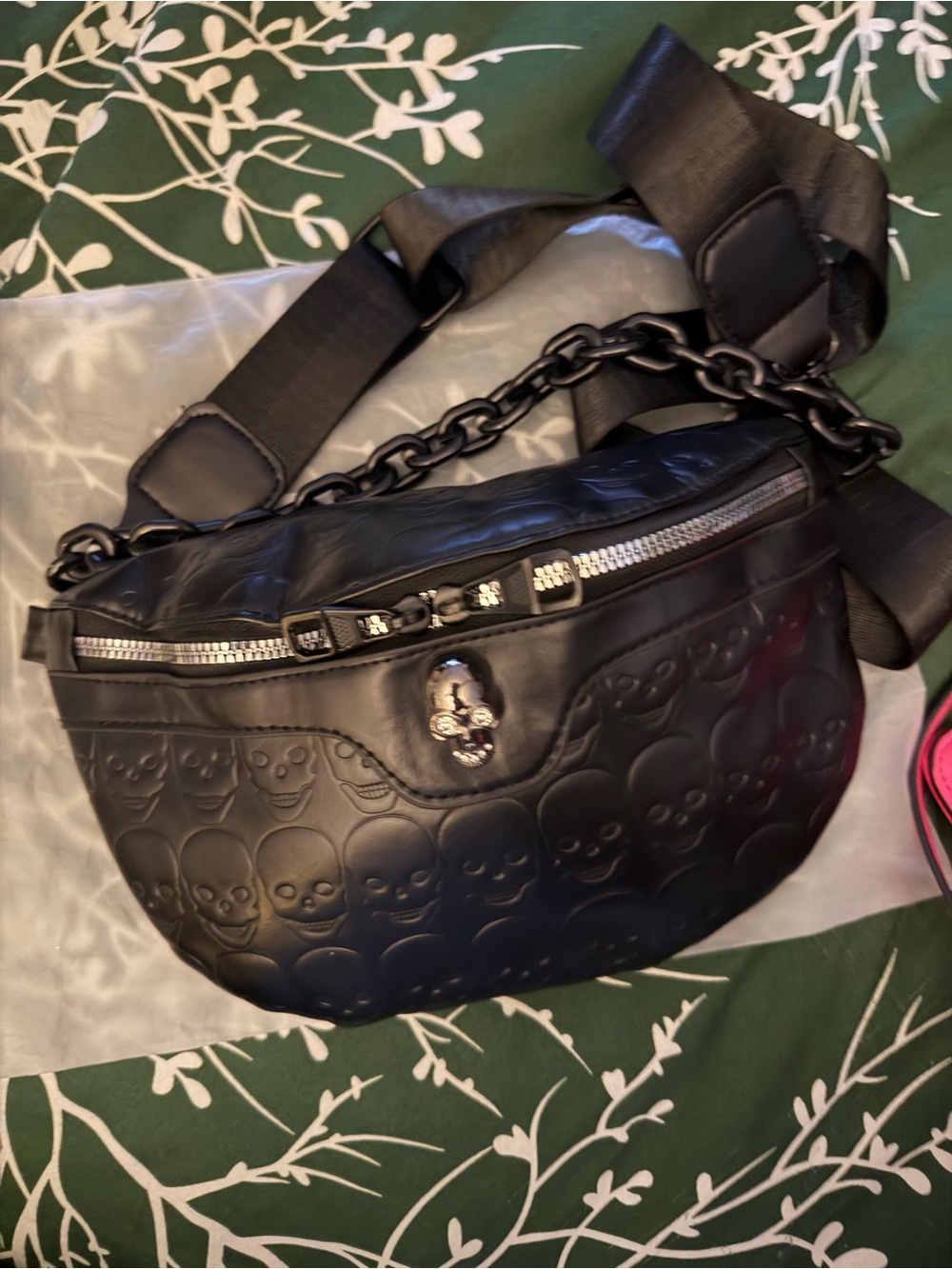 Black Skull-Embossed Crossbody Belt Bag